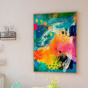 Colorful and vibrant abstract wall art, Bright abstract modern painting, Large wall art, Blue multicolor art