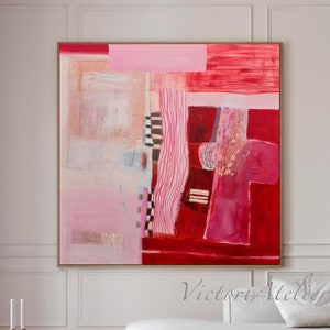 Original abstract painting on stretched canvas, red and pink unique hand painted art , Original modern  abstract contemporary large wall art