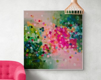 Abstract modern art , large wall art, pink magenta and green art, abstract painting floral large wall art