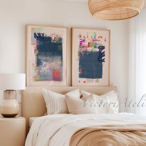 Abstract painting set of 2, Blue and pink modern wall decor, Maximalist trendy wall art print decor