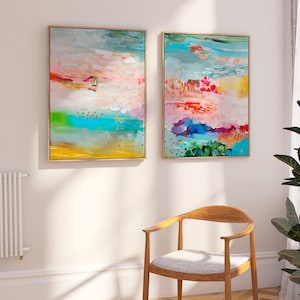 Stampe astratte ambientano paesaggi colorati e multicolori, Set di 2 stampe di grandi dimensioni, Set di due dipinti, Arte da parete extra large