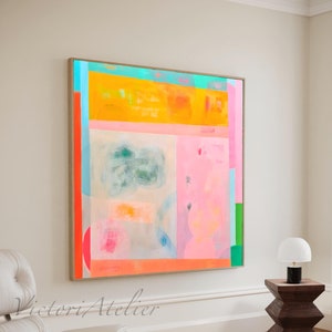 Abstract painting print light pink and yelow , Extra large wall art print, Minimalist geometric Canvas decor for living room