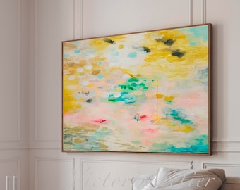 Abstract landscape with yellow, bright abstract painting, Large floral scenary yellow and pink abstract wall art