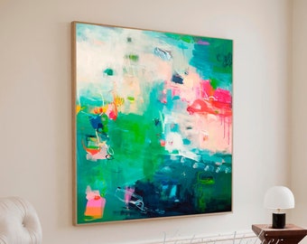 Tropical abstract bright green and pink wall art,  Colorful Abstract expressionist fine art print, Large abstract painting