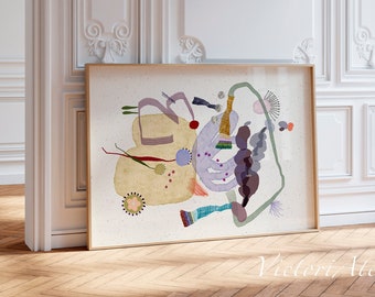 May include: A framed abstract painting with a light yellow background and colorful shapes and lines. The painting is in a gold frame and is leaning against a white wall.