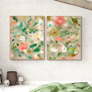 Floral Abstract prints set, Set of 2  large prints, Floral abstract Large art, Abstract painting, Abstract art, Green and pink floral art