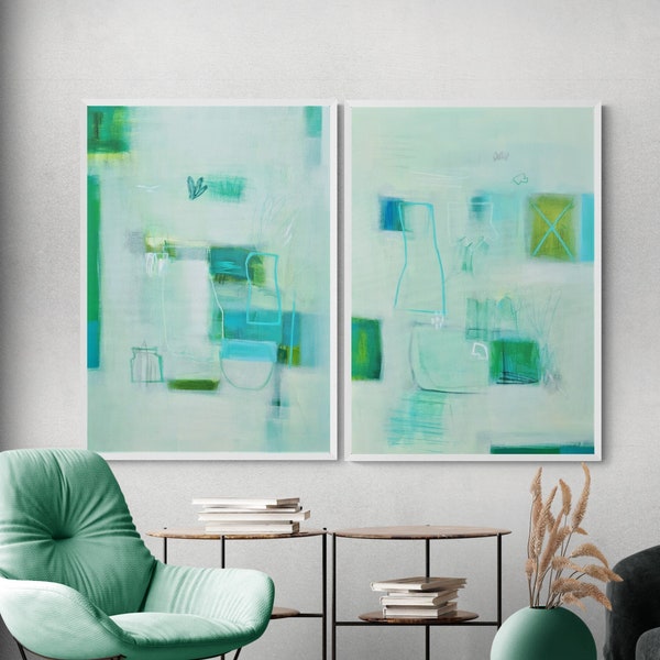 Original painting, Set of 2 Original abstract art on stretched canvas, Aqua green wall art, Extra large modern art