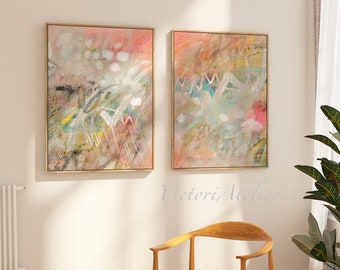 Set of 2 extra large abstract art , Light coral pastel colors wall decor, Abstract painting set of 2 large prints