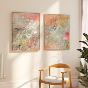 Set of 2 extra large abstract art , Light coral pastel colors wall decor, Abstract painting set of 2 large prints