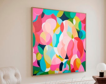 Impresión colorida de arte de pared pop, pintura geométrica con fondo rosa intenso, impresión de arte de lienzo abstracto moderno, decoración de pared de declaración vibrante