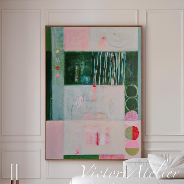 Green and Pink Abstract Art Print, Modern Minimalist Wall Decor