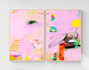 Abstract prints set of 2, Pink large wall art, Abstract painting set, Modern colorful wall art