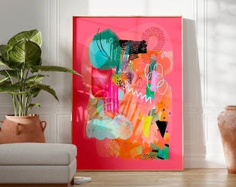 Puede incluir: Impresión de arte abstracto con fondo rosa y formas, líneas y texturas de colores. La impresión está enmarcada en un marco blanco fino y está colgada en una pared blanca.