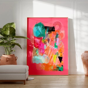 Impresión de pintura abstracta, colorido vibrante moderno con colores vivos, arte de pared extra grande, arte abstracto rosa magenta