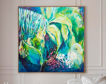 Green Tropical abstract wall art print, Botanical painting