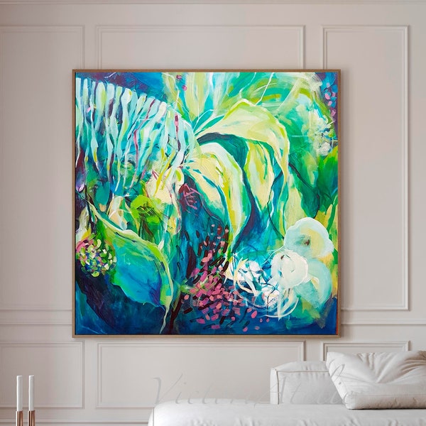 Green Tropical abstract wall art print, Green and blue botanical print, Extra large tropical painting, Beach house wall decor