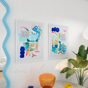 Modern blue gold abstract art set of 2, Abstract painting set, Bedroom wall art set, Hand embellished with gold leaf