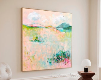 Abstract painting print, Spring cottage abstract landscape, Pale coral and green pastel colors countryside landscape, Extra large wall art