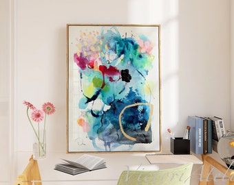 Blue watercolor print, Abstract painting wall art, Modern abstract art hand embellished with gold leaf