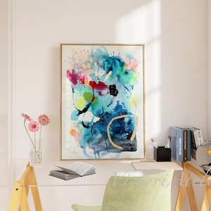 Blue watercolor print, Abstract painting wall art, Modern abstract art hand embellished with gold leaf