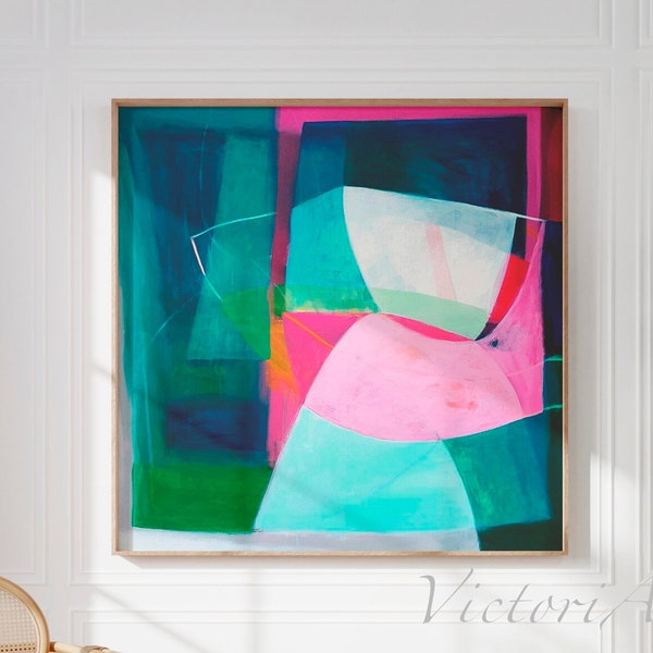Geometric Abstract Art Print, Blue and Hot Pink, Modern Color Block