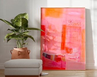 Impresión de pintura abstracta, Amarillo naranja rosa, Arte abstracto grande para decoración moderna, Arte de pared de sala de estar