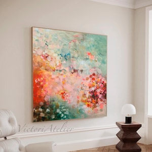 Impressione di arte de pared naranja y verde, pittura astratta extra grande, arte de pared floreale astratta