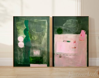 Green and Pink Abstract Art Print Set, Modern Giclée Wall Art