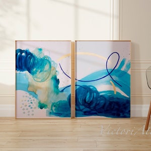 Embellished with gold modern wall art set of 2 prints, Navy blue abstract painting set, Blue and gold wall art prints, Blue and white art