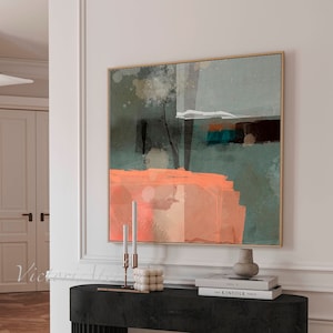 Impresión de arte de pared abstracto, pintura abstracta minimalista moderna en gris, verde y coral, arte geométrico en colores neutros