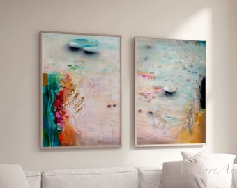 Abstract prints set multicoloured, Modern brush stroke abstract wall art, Yellow blue orange abstract painting