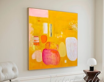 Gelbe und rosa Wandkunst, Extra großer abstrakter Druck, Lebendiges gelbes Wanddekor, Extra großes abstraktes Gemälde