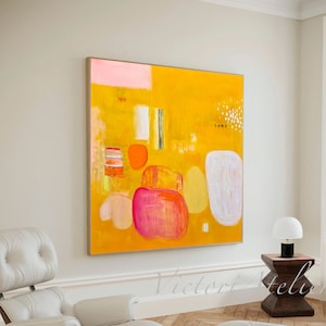 Impression d'art mural jaune et rose, très grande impression abstraite, décoration murale jaune vif, très grande peinture abstraite