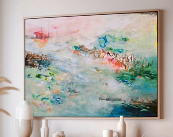 Abstract landscape light pink and green, Living room wall art, Large abstract painting, Over bed art with light colors