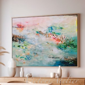 Abstract landscape light pink and green, Living room wall art, Large abstract painting, Over bed art with light colors