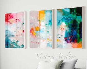Set of 3 Colorful Abstract Giclée Prints, Modern Wall Art
