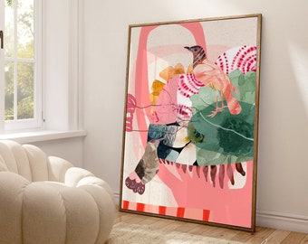 Abstract Bird and Flower Art Print, Pink and Green Collage