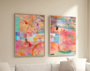 Set of two modern and contemporary paintings prints in pastel colors, fun and colorful wall art for living room decor, Pink light coral art