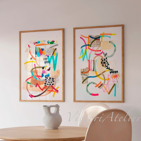 Funky Abstract set of 2 prints, Colorful set of 2 wall art, Multicolor funk abstract painting, Modern abstract set 2 large wall art