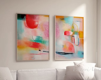 Abstract prints set yellow and pink, Set of 2  large prints, Set of two paintings, Extra Large wall art, Modern trendy wall decor