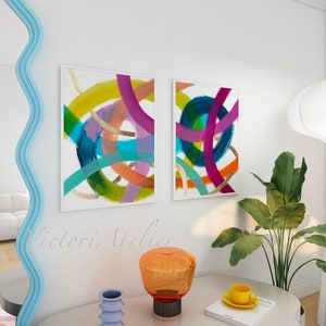 Set of 2 abstract prints, Extra large wall art, Colorful and gold  funny Modern prints, Hand embellished with gold leaf,