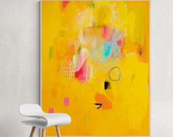 Bright and vibrant yellow wall art abstract painting print, Large vertical modern art