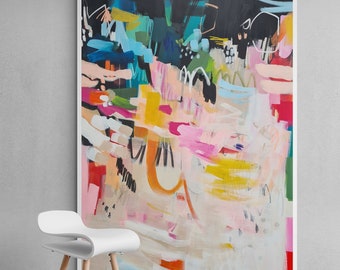 Black and multicolor Extra large painting print in vibrant colors, Abstract modern wall art print