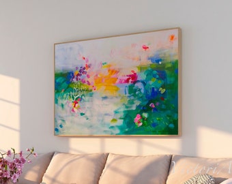 Green colorful landscape painting, Extra large abstract print, Abstract floral wall art, Multicolor abstract art