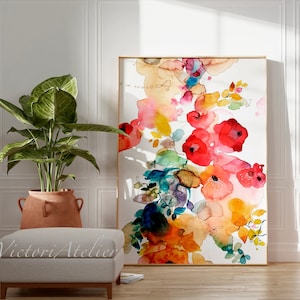 Floral watercolor art print, red bouquet print, Modern flowers wall art, Colorful floral art  print, floral painting print