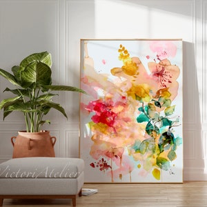 Impresión giclée de acuarela de naturaleza floral, impresión de acuarela amarilla y rosa, acuarela floral abstracta, pintura floral