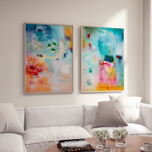 Light blue Set of 2 large prints, Colorful Abstract Painting set, Modern wall art