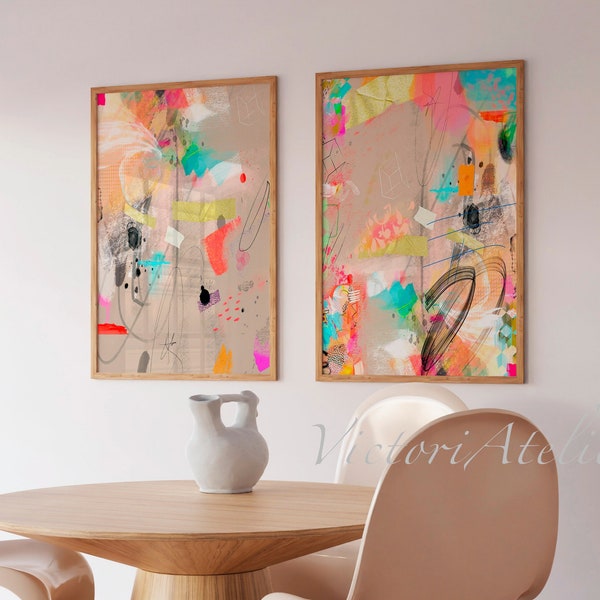 Abstract prints set beige and multicolor, Neutral colors Large wall art set 2, Abstract painting set 2, Modern funk art