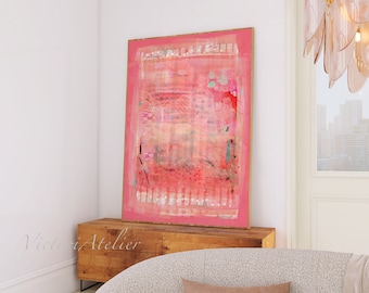 Peut inclure: Peinture abstraite avec des couleurs rose, blanche et grise. La peinture est encadrée et accrochée à un mur blanc dans un salon.