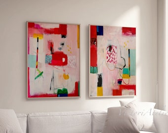 Abstract prints set of 2, Red colorful Extra Large wall art, Multicolor vibrant abstract paintings, Bright wall art